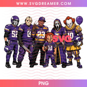Minnesota Vikings Football Horror Movie Slasher Squad PNG, Halloween Game Day Vikings Chucky Michael Freddy Jason PNG Shirt Design