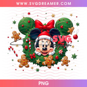 Minnie Mouse Santa Hat Evergreen Wreath Gingerbread PNG, Sweet Holiday Pine Cones Berries PNG Shirt Design