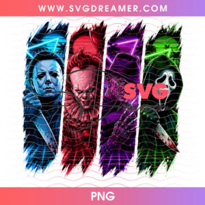 Neon Splatter Paint Brush Horror Slasher Villains Full Moon PNG, Michael Pennywise Freddy Ghostface Spooky Movie PNG Shirt Design