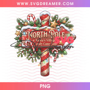 North Pole Wooden Signpost Candy Cane Peppermint Holly PNG, Santa Village Directional Sign PNG Shirt Design