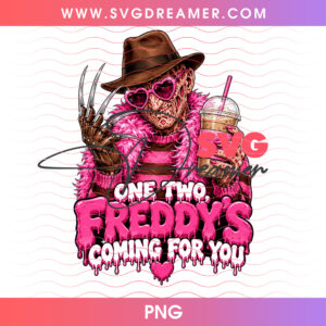 One Two Freddys Coming For You Pink Feather Boa Heart Shades PNG, Funny Glam Freddy Krueger Iced Coffee Slasher Parody PNG Shirt Design