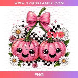 Pink Coquette Pumpkin Cherries Checkered Flag Daisies PNG, Pastel Spooky Halloween Twin Pumpkins PNG Shirt Design