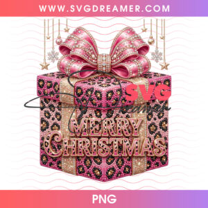Pink Leopard Merry Christmas Present Gift Box Diamond Bow PNG Shirt Design