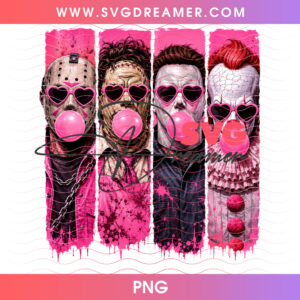 Pink Paint Drip Slasher Icons Heart Glasses Bubblegum Blow PNG, Cute Halloween Horror Villains Jason Leatherface Michael PNG Shirt Design