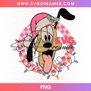 Pluto Pink Checkered Wreath Christmas PNG, Disney Pluto Santa Hat Holiday PNG Shirt Design