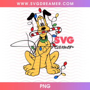 Pluto Tangled In Christmas Lights Holding Candy Cane PNG, Cute Disney Holiday Pup Festive PNG Shirt Design