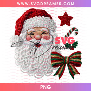 Realistic Knitted Santa Claus Face Plaid Bow Christmas PNG