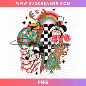 Retro Disney Christmas Checkered Rainbow Mickey Minnie PNG, Vintage Groovy Holiday Friends Patchwork PNG Shirt Design