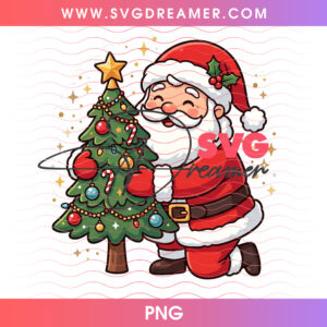 Santa Claus Hugging Decorated Christmas Tree Glowing Stars PNG, Warm Saint Nick Holiday Affection PNG Shirt Design