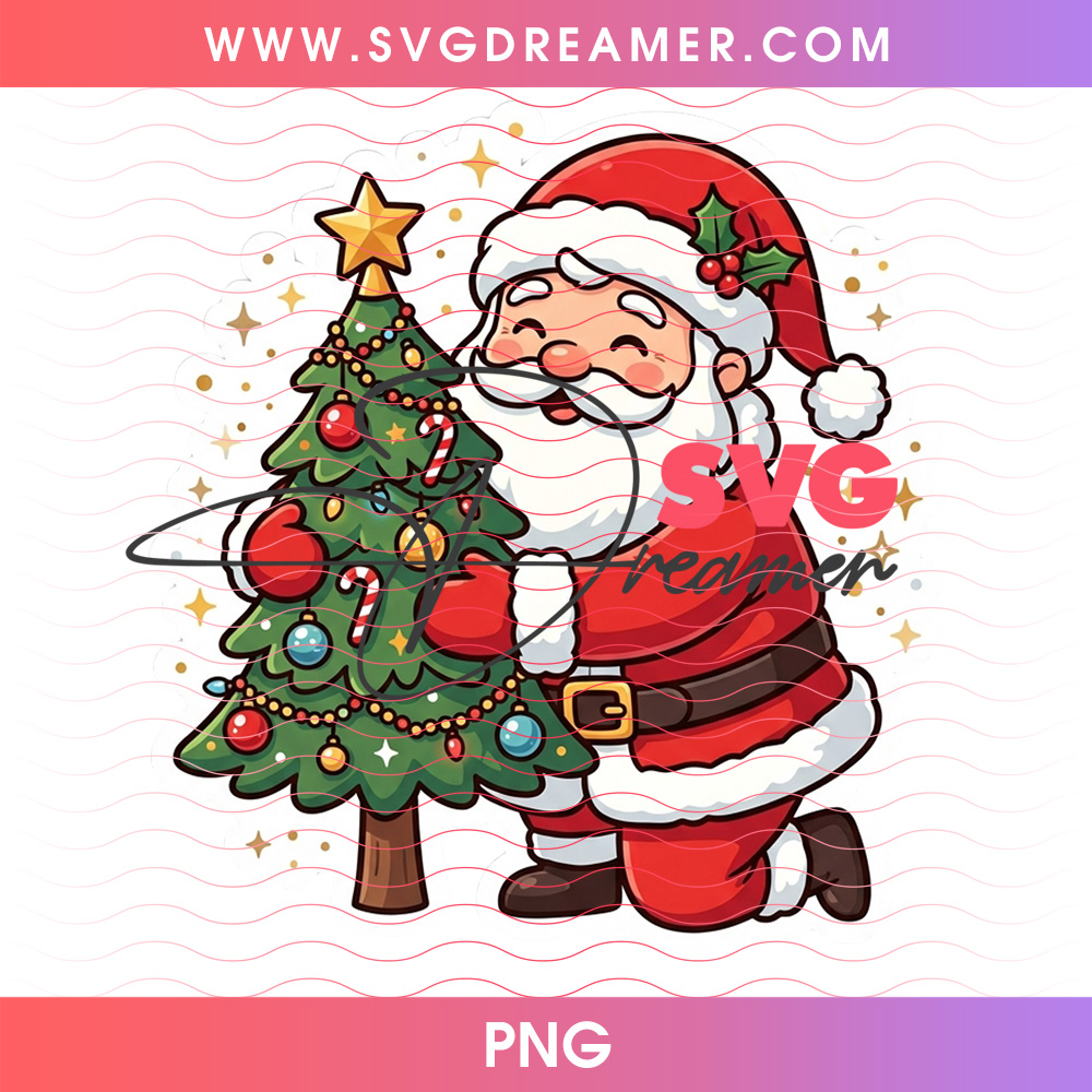 Santa Claus Hugging Decorated Christmas Tree Glowing Stars PNG, Warm Saint Nick Holiday Affection PNG Shirt Design 2 Santa Claus Hugging Decorated Christmas Tree Glowing Stars PNG, Warm Saint Nick Holiday Affection PNG Shirt Design