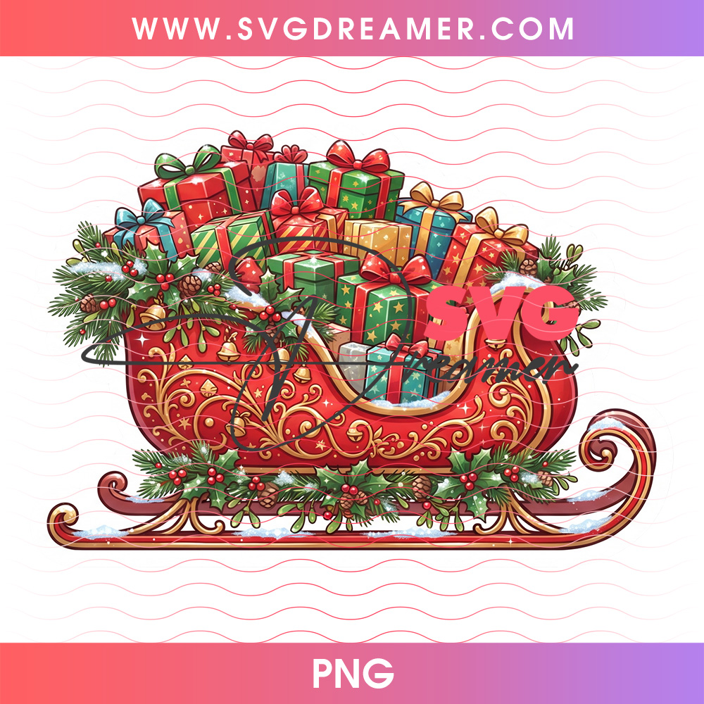 Santa Red Christmas Sleigh Overflowing Presents Gifts PNG, North Pole Golden Filigree Sled PNG Shirt Design 2 Santa Red Christmas Sleigh Overflowing Presents Gifts PNG, North Pole Golden Filigree Sled PNG Shirt Design