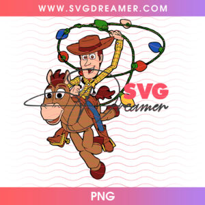 Sheriff Woody Riding Bullseye With Christmas Lights PNG, Toy Story Holiday Cowboy Lasso Garland PNG Shirt Design