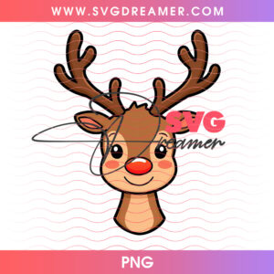 Smiling Cartoon Reindeer Head Red Nose Large Antlers PNG, Cute Rudolph Winter Holiday Mascot PNG Shirt Design