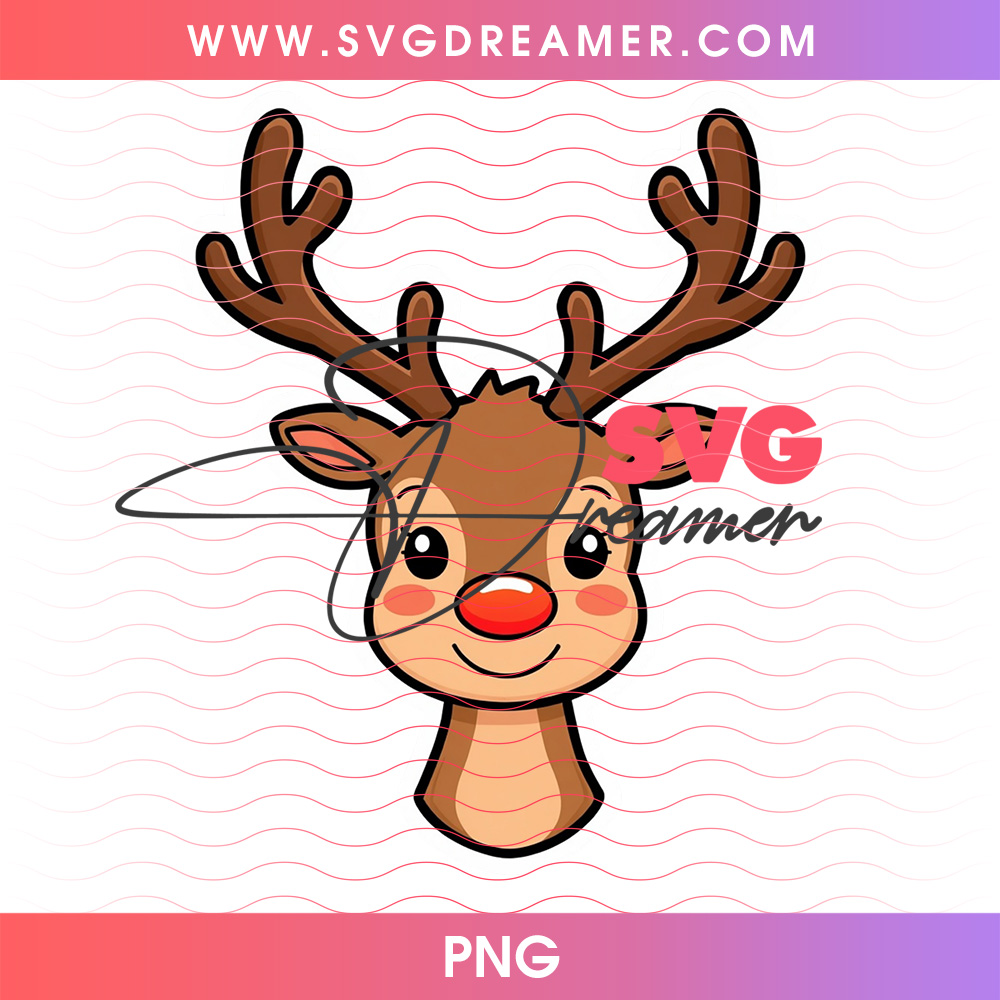 Smiling Cartoon Reindeer Head Red Nose Large Antlers PNG, Cute Rudolph Winter Holiday Mascot PNG Shirt Design 2 Smiling Cartoon Reindeer Head Red Nose Large Antlers PNG, Cute Rudolph Winter Holiday Mascot PNG Shirt Design