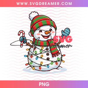 Snowman In Green Striped Beanie Holding Candy Cane PNG, Festive Holiday Fairy Lights Winter PNG Shirt Design