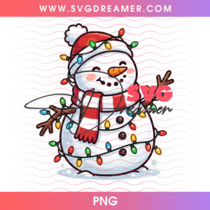 Snowman Wrapped In Multicolored Christmas Fairy Lights PNG, Festive Winter Holiday Illumination PNG Shirt Design