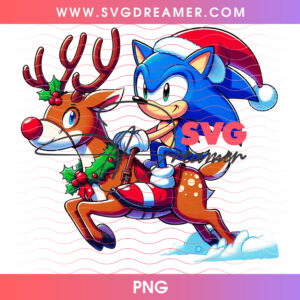 Sonic The Hedgehog Riding Christmas Reindeer Santa Hat PNG, Fast Video Game Holiday Sleigh Dash PNG Shirt Design
