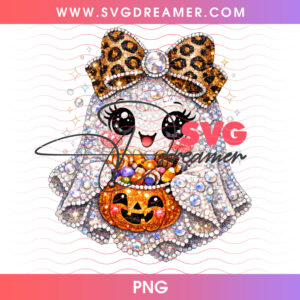 Sparkling Rhinestone Diamond Ghost Girl Leopard Cheetah Bow PNG, Glam Glitter Trick Or Treat Pumpkin Basket PNG Shirt Design