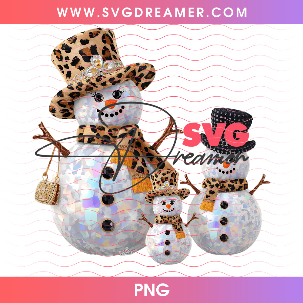 Sparkling Snowman Family In Leopard Diamond Hats PNG Shirt Design 2 Sparkling Snowman Family In Leopard Diamond Hats PNG Shirt Design