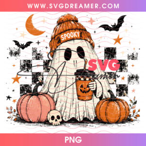 Spooky Beanie Ghost Iced Coffee Checkered Board Pumpkins PNG, Cute Fall Autumn Ghost Cafe Lover Aesthetic PNG Shirt Design