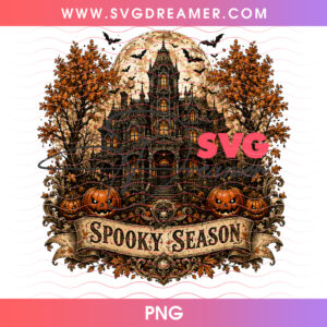 Spooky Season Dark Gothic Manor House Full Moon Autumn Forest PNG, Eerie Victorian Ghost Castle Jack O Lanterns Graphic PNG Shirt Design