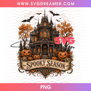 Spooky Season Gothic Haunted Manor Carved Pumpkins Wooden Scroll PNG, Victorian Horror Architecture Flying Bats Fall PNG Shirt Design