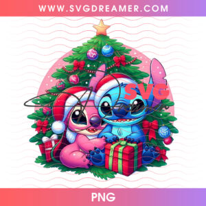 Stitch And Angel Christmas Tree Cuddle Holiday Gift PNG, Romantic Disney Alien Couple Winter Cheer PNG Shirt Design