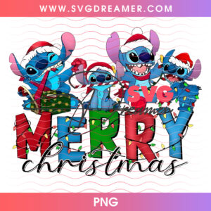 Stitch Christmas Gang On Merry Christmas Letters PNG, Mischievous Alien Holiday Light Bulbs Banner PNG Shirt Design