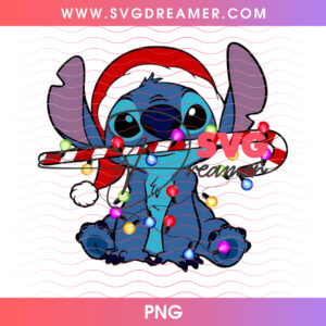 Stitch Santa Hat Biting Peppermint Candy Cane Lights PNG, Funny Alien Christmas Holiday Treat PNG Shirt Design