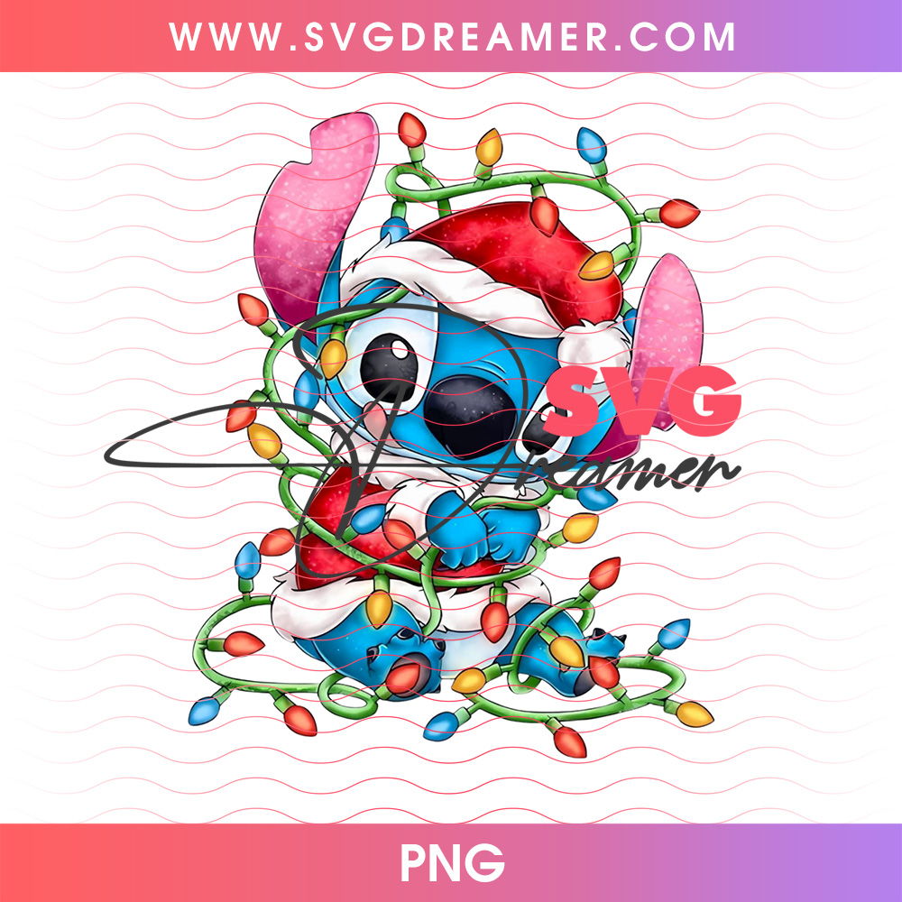 Stitch Tangled In Colorful Christmas Lights Santa Hat PNG, Cute Alien Experiment 626 Holiday PNG Shirt Design 2 Stitch Tangled In Colorful Christmas Lights Santa Hat PNG, Cute Alien Experiment 626 Holiday PNG Shirt Design