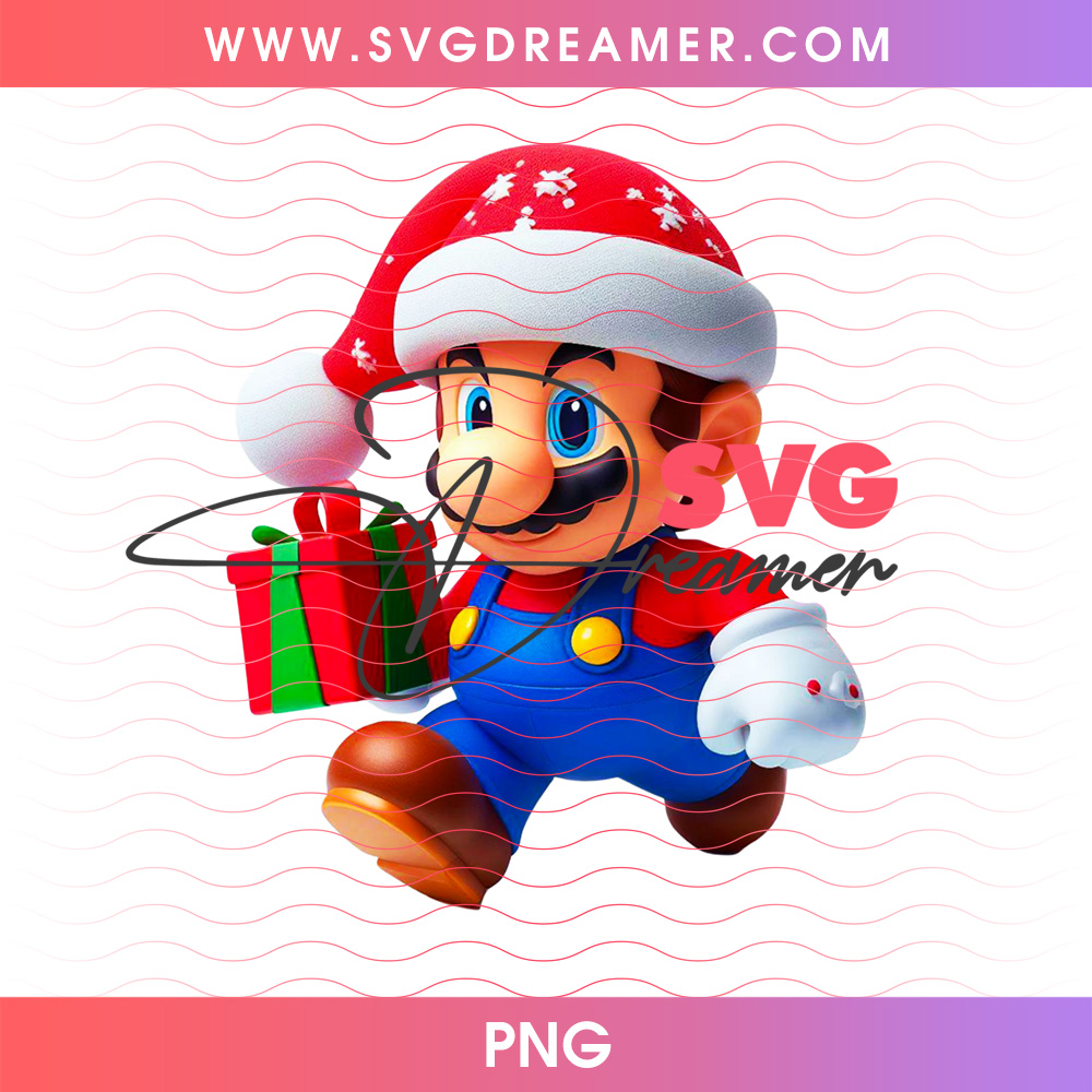 Super Mario Santa Hat Running Delivering Christmas Gift PNG, Retro Gamer Winter Holiday PNG Shirt Design 2 Super Mario Santa Hat Running Delivering Christmas Gift PNG, Retro Gamer Winter Holiday PNG Shirt Design