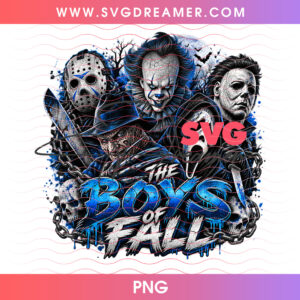 The Boys Of Fall Horror Movie Slashers Spooky Squad PNG, Jason Freddy Pennywise Michael Ghostface PNG Shirt Design