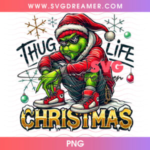 Thug Life Christmas Grinch In Hoodie And Sneakers PNG, Urban Holiday Green Monster Streetwear Artwork PNG Shirt Design