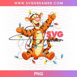 Tigger Tangled In Colorful Christmas Fairy Lights PNG, Bouncy Hundred Acre Wood Holiday PNG Shirt Design