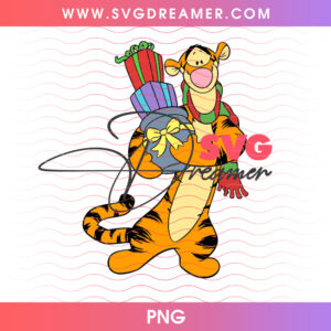 Tigger Wearing Winter Scarf Carrying Christmas Gift Stack PNG, Festive Holiday Delivery Tiger PNG Shirt Design