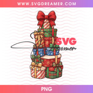 Towering Stack Of Wrapped Christmas Presents Red Ribbon Bow PNG, Bountiful Holiday Gift Pile PNG Shirt Design