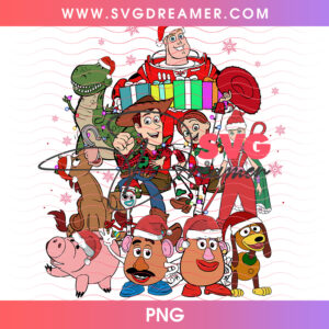 Toy Story Full Squad Christmas Santa Hats Presents PNG, Woody Buzz Jessie Holiday Festive Gathering PNG Shirt Design