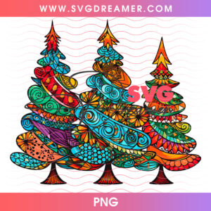 Trio Colorful Folk Art Christmas Trees Mosaic Swirls PNG, Boho Mandala Winter Holiday Evergreens PNG Shirt Design