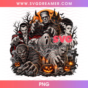 Universal Classic Monsters Graveyard Cemetery Gathering PNG, Frankenstein Bride Werewolf Mummy Dracula PNG Shirt Design