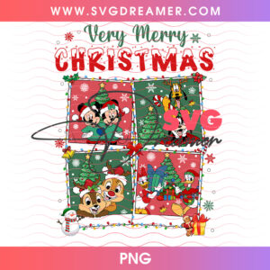 Very Merry Christmas Disney Friends 4 Frame Photo Collage PNG, Mickey Minnie Donald Goofy Holiday PNG Shirt Design