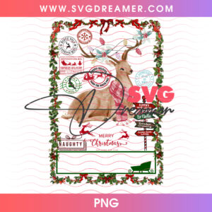 Vintage Christmas Reindeer Fawn Holly Wreath Png PNG