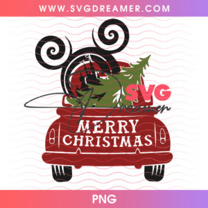 Vintage Red Truck Merry Christmas Mickey Ears Pine Tree PNG