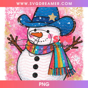 Western Cowboy Snowman Rainbow Scarf Blue Hat Png PNG