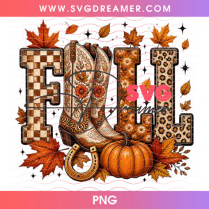 Western Fall Leopard Cowgirl Boots Pumpkin Maple Leaves PNG, Autumn Country Floral Horseshoe PNG Shirt Design
