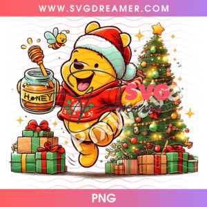 Winnie The Pooh Christmas Honey Pot Celebration Tree PNG, Cute Pooh Bear Holiday Honey Jar Presents PNG Shirt Design