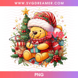 Winnie The Pooh In Cozy Scarf Holding Gift Christmas Tree PNG, Classic Disney Bear Holiday Celebration PNG Shirt Design