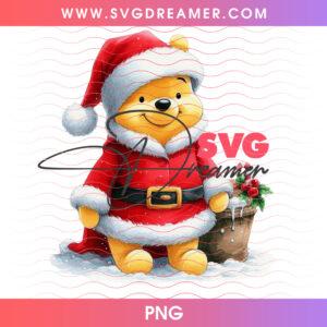 Winnie The Pooh In Full Santa Claus Suit Snow PNG, Cute Pooh Bear Christmas Delivery Sack PNG Shirt Design