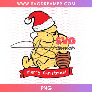 Winnie The Pooh Merry Christmas Banner Santa Hat Honey Pot PNG, Vintage Disney Bear Holiday Greeting PNG Shirt Design