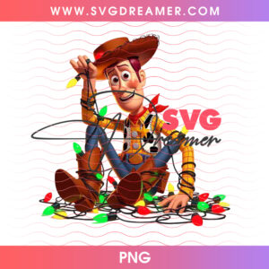 Woody Toy Story Tangled In Christmas Tree Lights PNG, Funny Cowboy Sheriff Holiday Lighting PNG Shirt Design